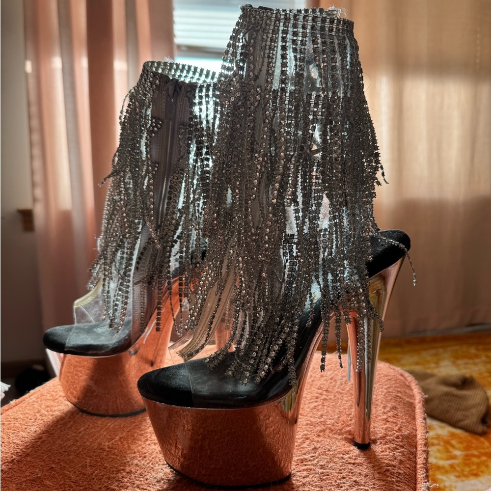 Pleaser Silver Fringe Platform Heels with Black Suede